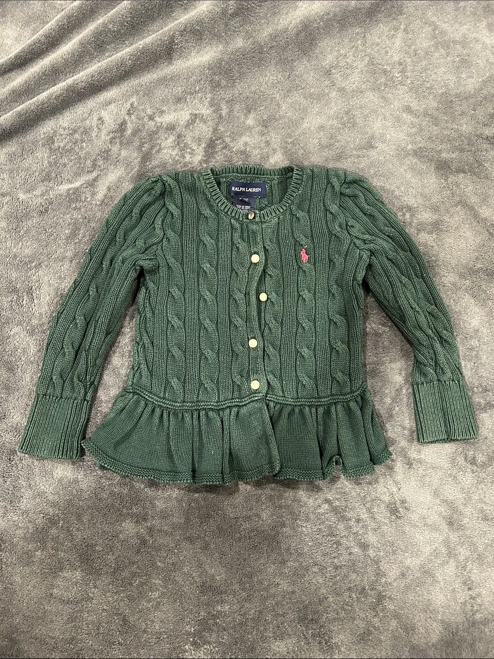 Ralph Lauren Dark Green Cable Knit Peplum Cardigan with Pink Pony